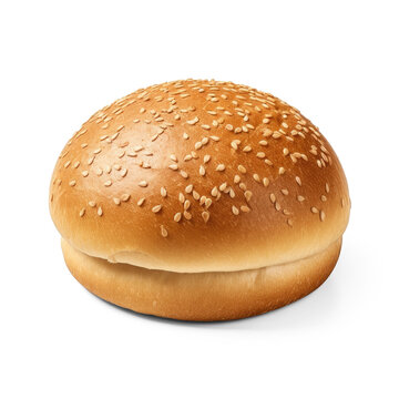 A sesame seed bun sits on a png transparent. The bun is golden brown and has a textured surface covered in sesame seeds.