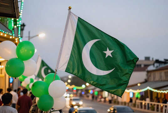 National flag of Pakistan hanging on a city street decorated with green and white balloons for Independence Day at dusk.