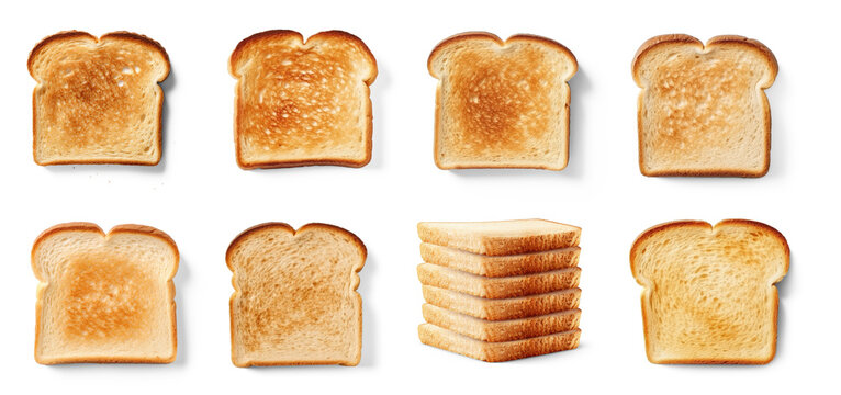 A png transparent displays a collection of toasted bread slices. There are four individual slices of toast with varying degrees of browning, ranging from light golden to dark brown.