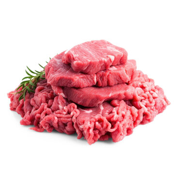 A pile of raw beef cuts rests on a png transparent. The beef consists of ground beef and several thick steak slices.