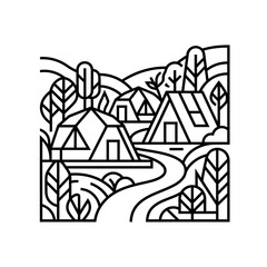 Naklejka premium A clean, minimalist vector line art illustration of a modern glamping site nestled in a scenic, hilly, and forested landscape.