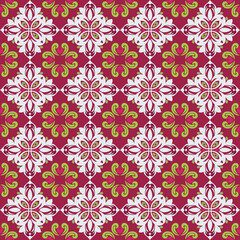 Fototapeta premium Red and white damask seamless floral pattern. Vector illustration. Ideal for printing onto fabric, wallpapers, rugs, tiles, and paper decorations. Damask velvet pattern for dresses. 