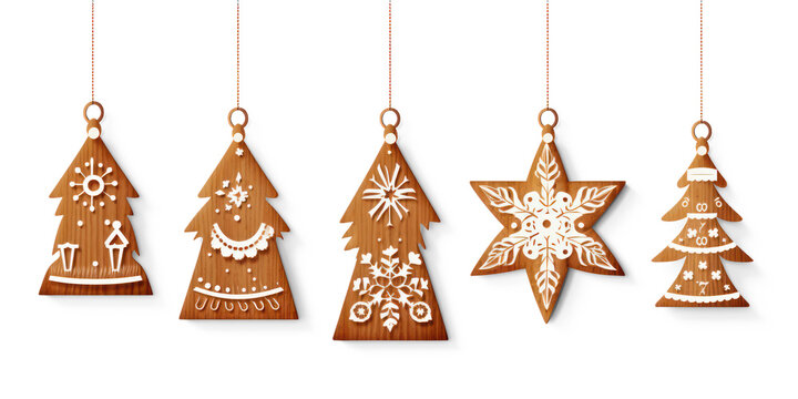 wooden gingerbread ornaments hang from strings against a png transparent. Each ornament features a different festive design, including a Christmas tree, a snowflake, a star, and a reindeer.