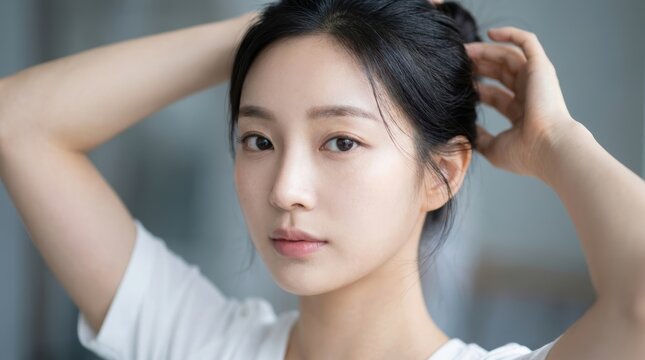 Portrait of a young asian woman with natural makeup tying her hair in a bun