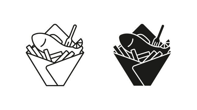 Fish and chips icon set in linear and solid glyph style for fast food logo design