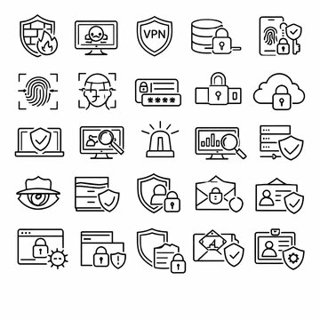 Digital security and cybersecurity outline icons isolated on white background for web, apps, UI, presentations and infographics.