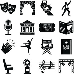Fototapeta premium Theater icons with spotlight masks ticket and stage elements on white background