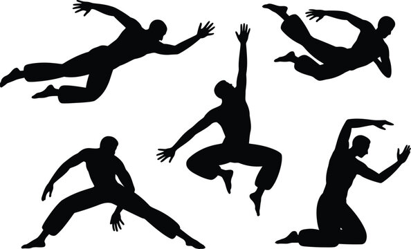 Set of black silhouettes showing capoeira martial arts fighters in various dynamic poses and athletic jumping positions