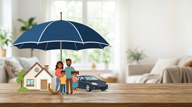 A happy family stands together under a large blue umbrella, sheltering their house, car, and personal belongings. The family consists of a man, a woman, and two children, a boy and a girl.