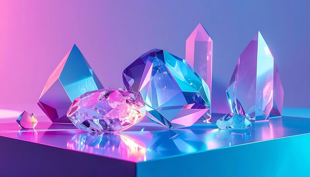 Assortment of Luminous Crystals and Gemstones with Vibrant Neon Lighting.