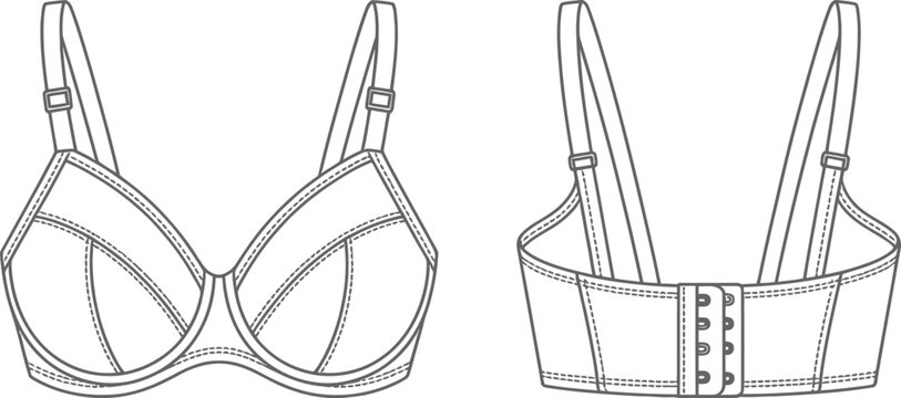 Technical fashion sketch of a female bra showing both front and back views for clothing design production