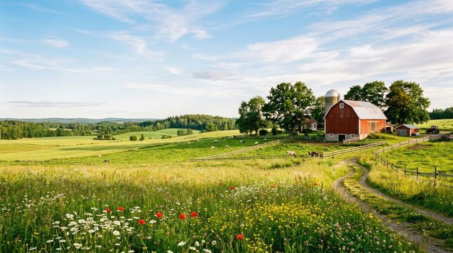A picturesque rural landscape features a red barn nestled amidst a vibrant green meadow dotted with wildflowers. A winding dirt path leads towards the barn, framed by lush trees and rolling hills.