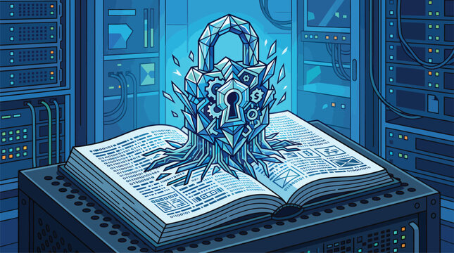 Digital Security Concepts: Crystal Lock Growing from Open Book in Server Room Data Center