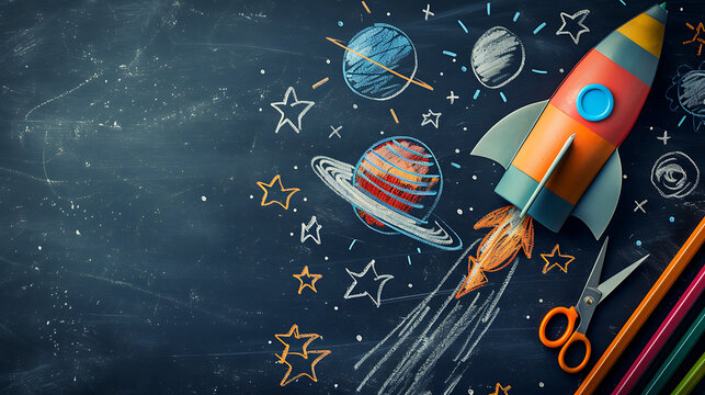 Creative stationery rocket and chalk drawn planets chalkboard background with huge left copy space for back to school kids education innovation and commercial exploration posters