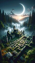 Mysterious stone labyrinth ruins hidden in a misty forest under a glowing crescent moon at twilight © Indah S