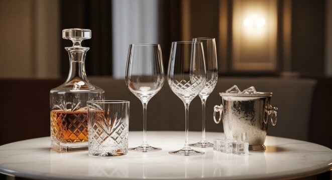 A luxurious still life featuring a set of crystal glassware, a decanter, and ice. The glassware includes wine glasses, water glasses, and a champagne flute.