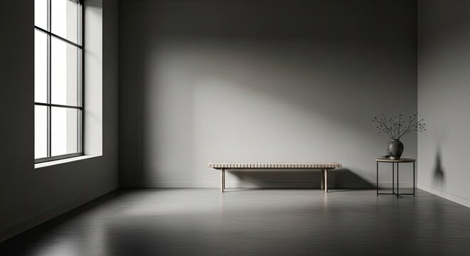 A dark, minimalist room features a long, light wooden bench positioned beneath a large window.