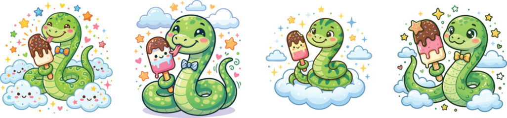 Obraz premium Adorable Cute Cartoon Snake with an Ice cream Bar. Vector illustration of the animal with stars and clouds, vector set isolated on white