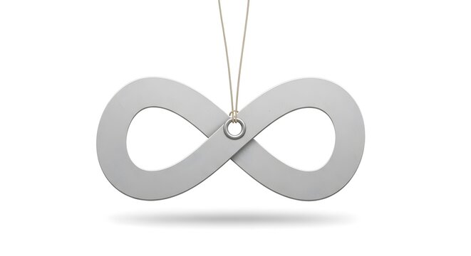 Silver infinity symbol shaped tag made of metallic material hanging from string isolated on white background for eternity and limitless concepts design.