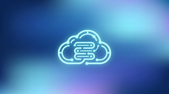 Cloud computing neon icon with AI circuit design, representing data storage and artificial intelligence.