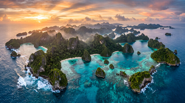 Panoramic Aerial View of Tropical Island Archipelago with Turquoise Lagoons at Sunrise