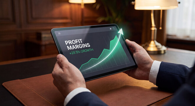 Digital Tablet Displaying Profit Margins Growth Chart, Financial Success Concept, Business Performance Analysis, Investment Strategy, Corporate Development, Executive Decision Making