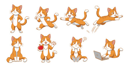 Fototapeta premium Cartoon ginger cat character set in various poses and actions.