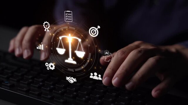 Futuristic digital law interface displaying justice scale, highlighting digital law, AI compliance, digital law systems, and digital law regulations for secure governance. Muxer