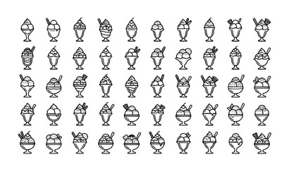 Obraz premium Premium Ice Cream Sundae Icon Collection with Gourmet Dessert Cups and Outline Vector Illustrations
