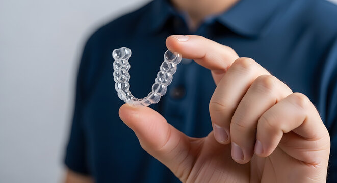 Close-up of a person's hand holding a clear dental aligner, showcasing modern orthodontic treatment for teeth straightening and smile correction, an invisible brace for cosmetic dentistry and oral
