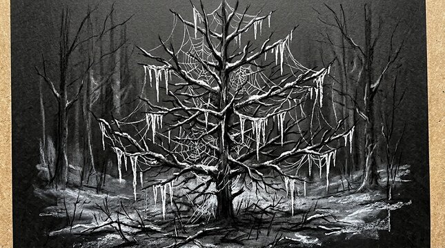 Gnarled tree with icicles and spiderwebs in snowy forest