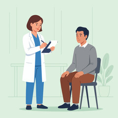 Obraz premium Doctor examining patient in consultation room, vector illustration of healthcare, medical checkup, and patient care.