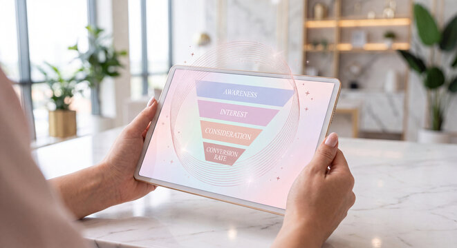 Digital Marketing Sales Funnel Visualization on Tablet, Customer Journey Stages, Lead Generation Process, Business Growth Strategy, Online Conversion Tracking, E-commerce Analytics