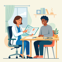 Fototapeta premium Doctor consults with patient, explaining medical information in a bright, modern clinic setting with healthcare symbols.