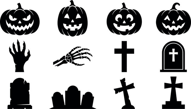 Halloween pumpkin jack o lantern and cemetery silhouette set featuring scary zombie hands skeleton bones and graveyard tombstone crosses vector