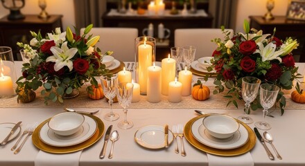 Fototapeta premium A beautifully set dining table is adorned with a long, white tablecloth and a runner. A lavish floral centerpiece featuring red roses, white lilies, and greenery dominates the table.