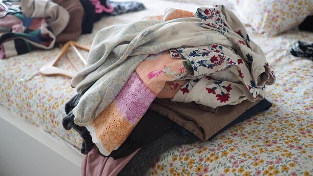 Sorting and folding clothes on a bed in a bedroom