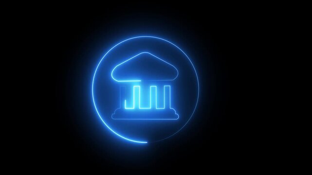 Glowing blue neon bank building icon inside circular frame isolated on black background, perfect for digital banking, finance, and investment concept.