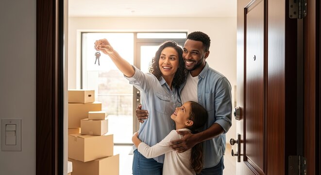 A smiling African-American couple and their daughter stand excitedly in front of an open doorway, holding keys. They are surrounded by cardboard boxes, suggesting a recent move.