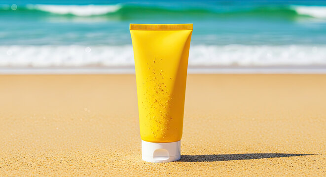 A bright yellow sunscreen tube sits on a sandy beach against a blurred ocean background. The tube is positioned on the golden sand, with a shadow cast by the tube.
