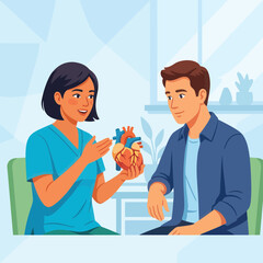 Fototapeta premium Doctor explaining heart anatomy to a patient, medical consultation, cardiology concept, vector illustration