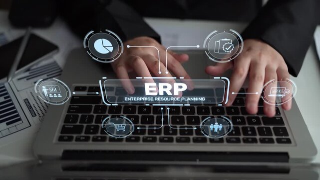 ERP platform visual showing centralized system for enterprise resource planning, improving integration, data flow, business efficiency, finance, inventory, and human resources. Muxer