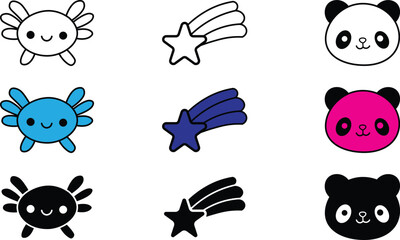 Set of cute hand drawn doodle icons featuring axolotls shooting stars and panda faces in black and white and colorful styles for creative design projects © Md