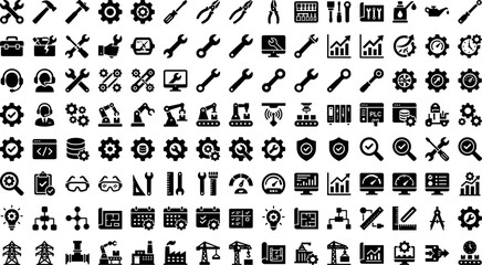Obraz premium Industrial maintenance and engineering icon set featuring wrenches hammers gears robotic arms factory machinery blueprints and technical support tools