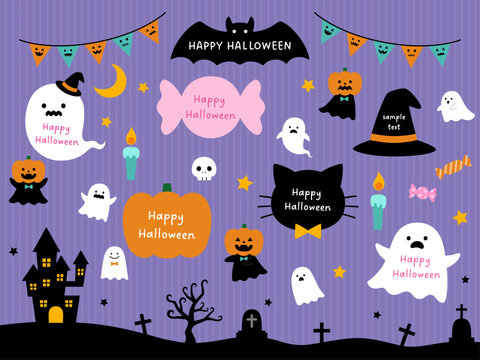 かわいいハロウィンのフレームのベクターイラストセット。装飾、飾り、10月、おばけ