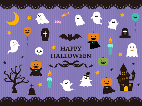 かわいいハロウィンのベクターイラストセット。装飾、飾り、10月、おばけ