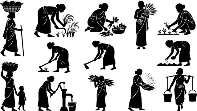 Indian women farmers agriculture silhouette collection featuring rural village lifestyle harvesting crop sowing grain water carrier and hand pump vectors pack