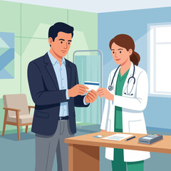 Obraz premium Doctor receives credit card from patient for medical payment in clinic office. Healthcare finance concept.
