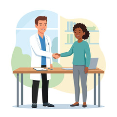 Fototapeta premium Doctor shaking hands with patient in clinic office, healthcare consultation, agreement and trust concept