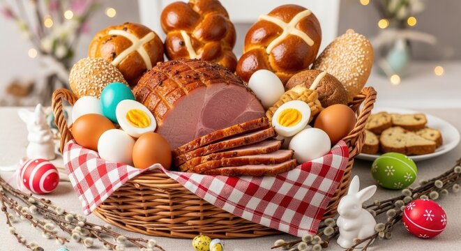 A basket filled with Easter eggs, ham, and various baked goods, with a red and white checkered cloth and a white tablecloth.